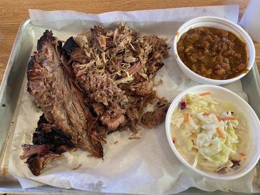 Pulled pork, brisket, charro beans and coleslaw