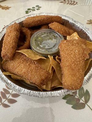 Fish sticks onion rings tortilla chips