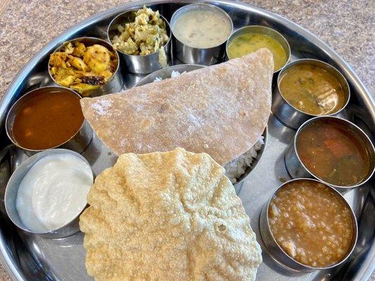 Spicy Bhimas Thali: kara kuzhambhu, kara curry, poriyal, kootu, kurma, sambar, rasam, pongal, papad, rice, chapthi, yogurt