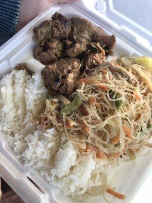 Combo plate with pancit bihon and chicken/pork adobo