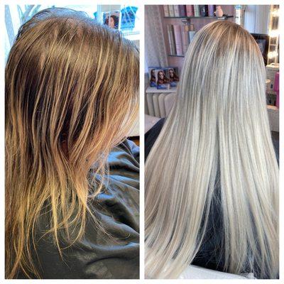 Before and after with a blonding session and Q Weft extentions.