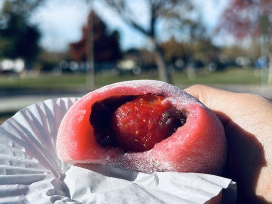 Strawberry mochi -- the cutest cross section.