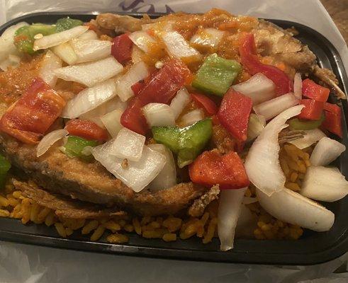 Jollof rice with fish and vegetables. Very good