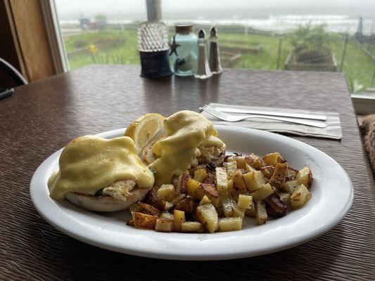 Crab Cake Benedict with potatoes and a gorgeous view @ Roseanna's Cafe.