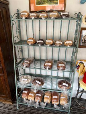 Assorted fresh-baked cookies, breads, sticky buns, and cinnamon rolls.