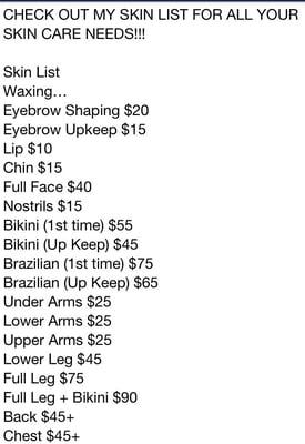 Waxing Price List