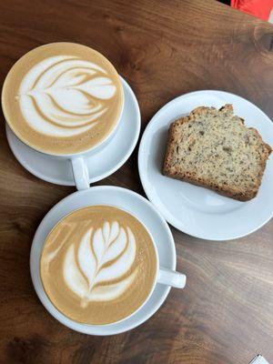 Hazelnut latte, vanilla latte, banana bread