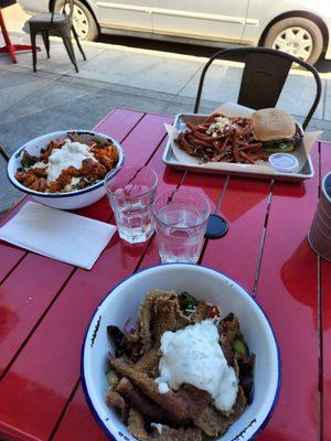 Gyro bowl, chicken salad, burger with feta sweet potato fries