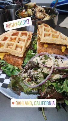 Lucid Dream Chicken and Waffle Burger with salad, $16.