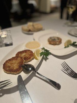 Crab cakes and a special appetizer of abalone