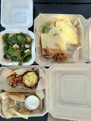 Brisket crepes, goat cheese salad, quiche, spinach-cheese phyllo pastry with a yummy dipping sauce!