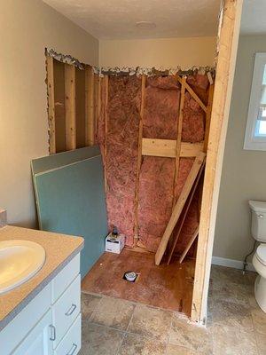 This is how my shower in the master bath looked for 2 months, exposed wall to the outside--very cold!