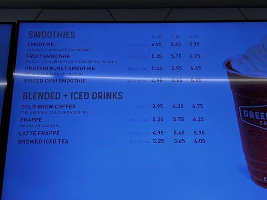 Cold drink menu