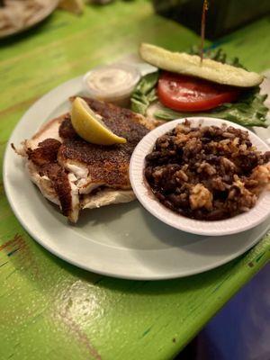 Grouper Sandwich & Black Beans and Rice