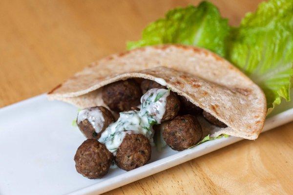 Kofta Sandwich ($8)  Lamb meatballs with yogurt sauce and toasted pita bread