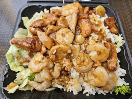 Chicken and Shrimp Teriyaki with white rice and vegetables