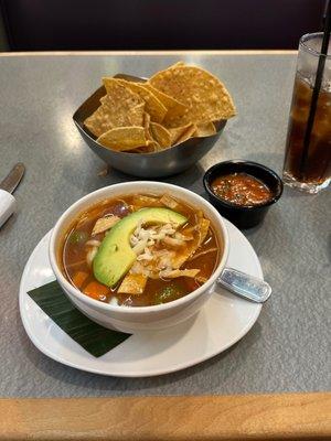 Yummy soup, complimentary chips and salsa. Salsa was warm and chips fresh!