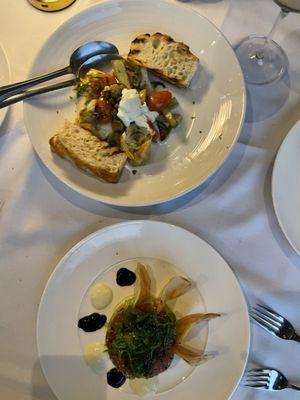 Artichoke & Goat cheese app (top)  Tuna Tartare (bottom)