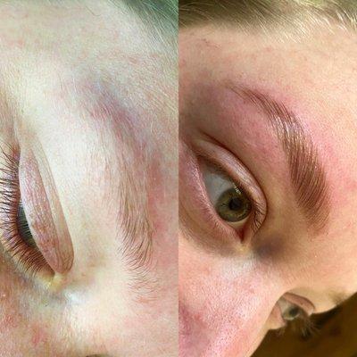 Before & after brow lamination, tint & wax by Katrina.