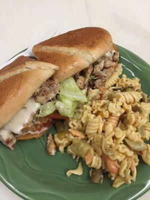 Grilled Chicken on White Hoagie Swiss Mayo Let Tom with side of Pasta Salad