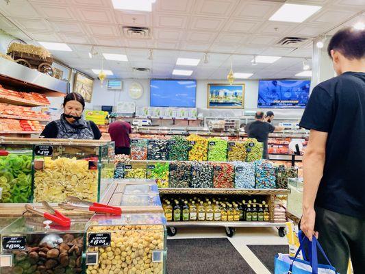 Dry fruits, various chocolates & meat market in the back