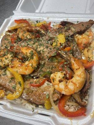 Steak and shrimp over coconut rice **special**