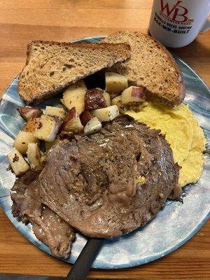 Steak and eggs.