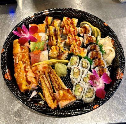 Sushi party platter! Tell us all the rolls you love, and we will put them together in a beautiful presentation for a party or date night!