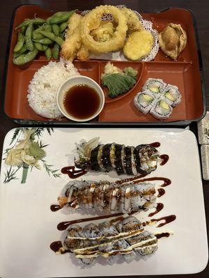 Tempura bento, 3 roll lunch