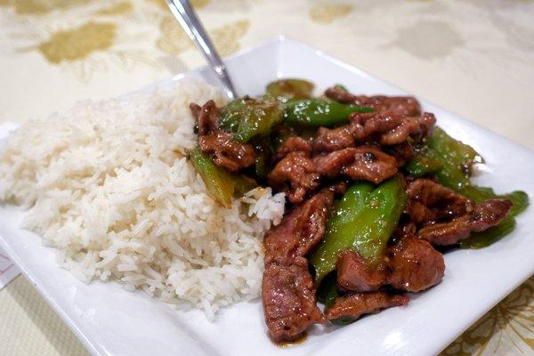 Beef with Bitter Melon in Black Bean Sauce (牛肉豉汁涼瓜飯): Lunch Special, $7.00. Bitterness in bitter melon is ameliorated with sugar.