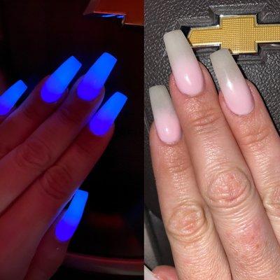 New set Ombré pink n white glow in the dark acrylics. Day n night look. Thank  you so much, you nailed it again