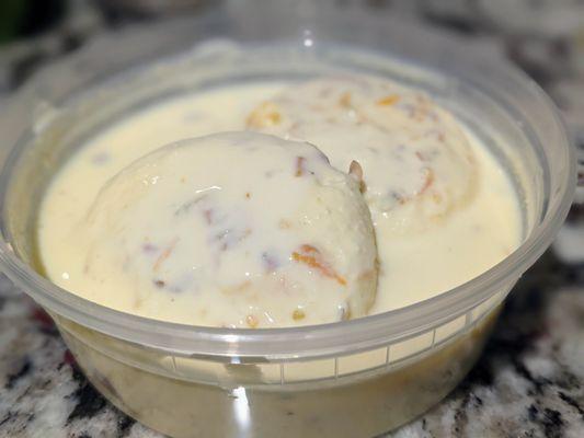 Rasmalai. Creamy and milky syrup with chhena ("cottage cheese") balls. Syrup ingredients: milk, sugar, cream, and saffron. $4.