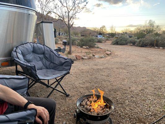 Our campground with our firepit that we brought with us, but they do rent them as well.