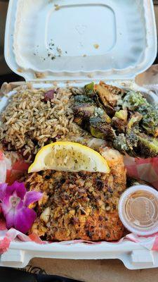 Salmon, rice & peas and fried Brussel Sprouts