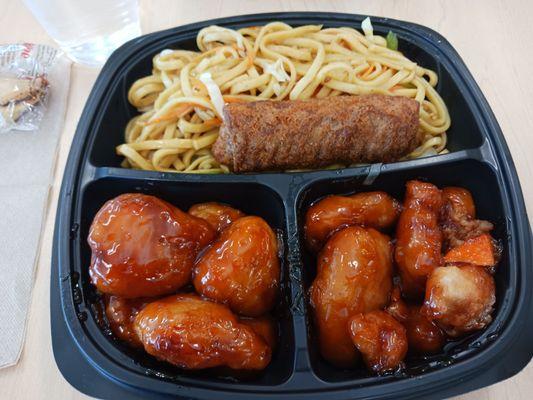 Orange Chicken, noodles, and chicken egg roll