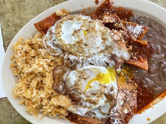 Chilaquiles, eggs, rice and beans