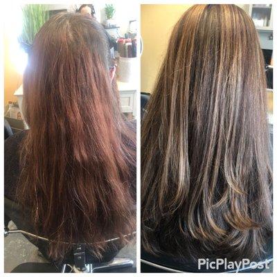 Before and after color cut and style