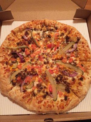 Cheeseburger pizza without lettuce and light on onion. Holy moly, it's good!!