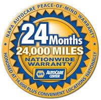 The NAPA AutoCare Peace of Mind Warranty covers parts and labor on qualifying repairs and services for 24 months/24,000 miles.