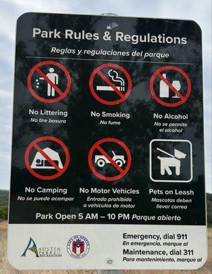 Park rules and regulations (with park hours: 5 AM - 10 PM)