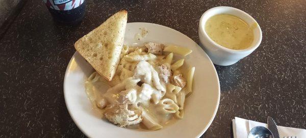 Chicken Alfredo pasta and Broccoli Cheese soup