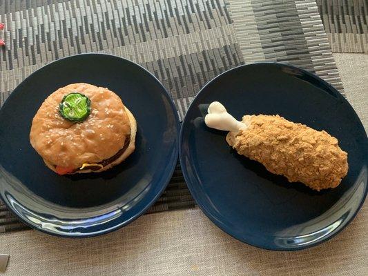 Food donuts! Chocolate burger and peanut butter and graham cracker chicken leg!