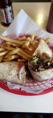 Steak wrap lunch special with fries and 20 oz. drink