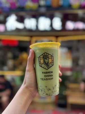 Matcha milk tea with red bean