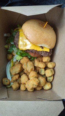 Cheeseburger and fried okra