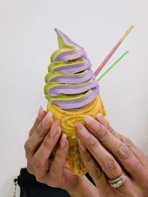 Ube & Matcha Swirl taiyaki. Topped with strawberry pocky and graham cracker crumble