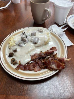 Biscuits and Sausage Gravy with a side of bacon