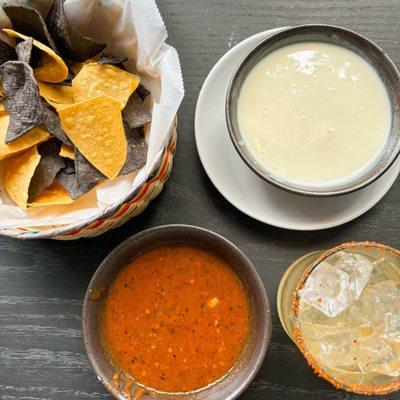 complimentary chips & salsa + queso + spicy margarita