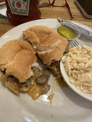 Philly Cheese Steak with Sauteed Onions and Home Made Cole Slaw