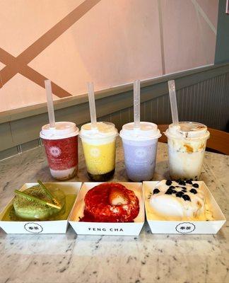 Strawberry Breeze, Mango Breeze, Taro Breeze, Creme Brulee Dirty Boba, Matcha Love Cake, Strawberry Princess Cake, Sea Salt Pearl Cake